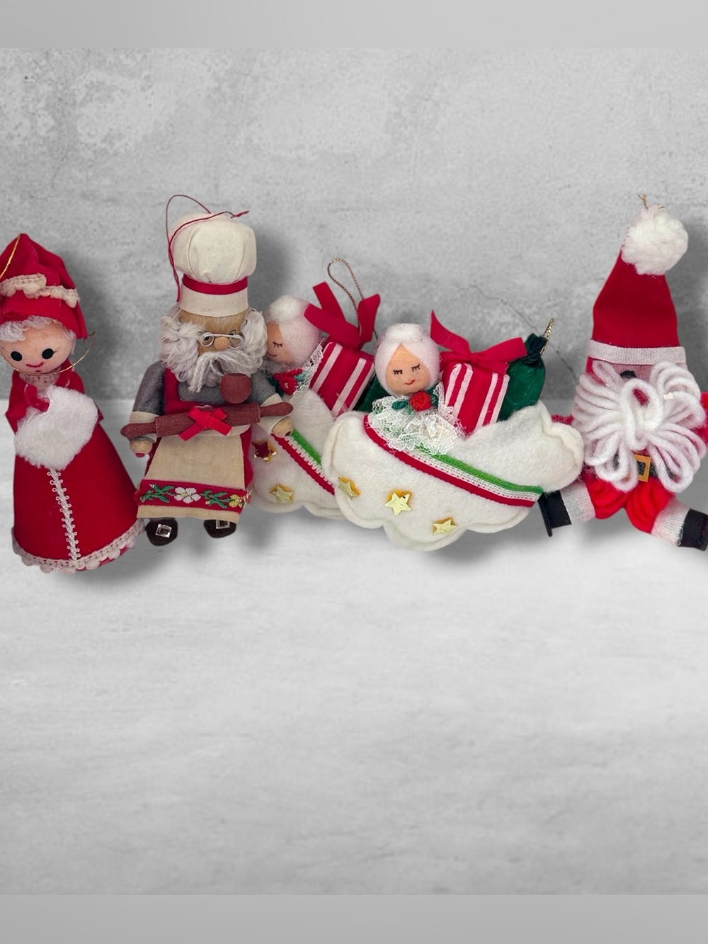 5 VINTAGE Ornament Christmas Santa Germany OTHER YARN MRS CLAUS SPUN COTTON ETC